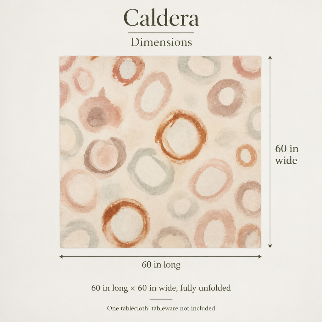 Caldera — 60 × 60 Cotton Sateen Tablecloth; dimensions and inclusions.