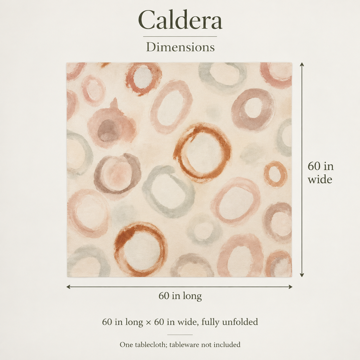 Caldera — 60 × 60 Cotton Sateen Tablecloth; dimensions and inclusions.