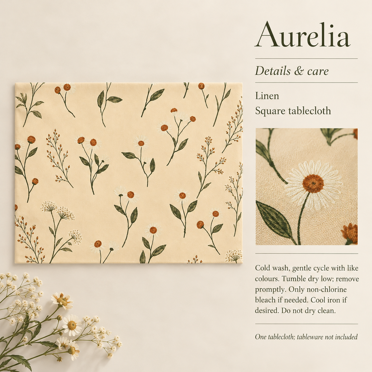 Aurelia — 102 Square Linen Tablecloth; details and care.
