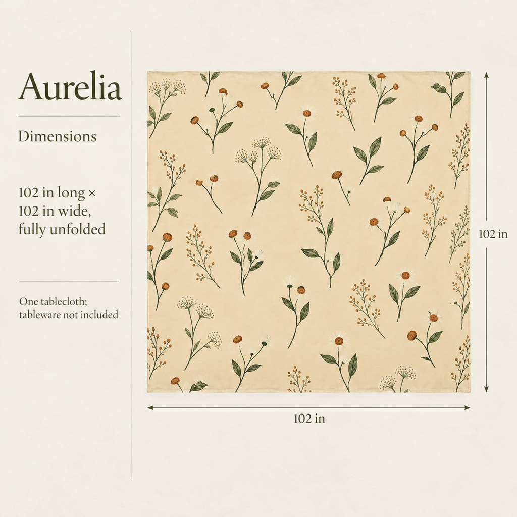 Aurelia — 102 Square Linen Tablecloth; dimensions and inclusions.