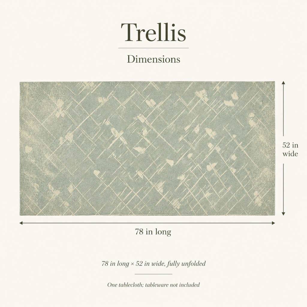 Trellis — 52 × 78 Fine Cotton Tablecloth; dimensions and inclusions.