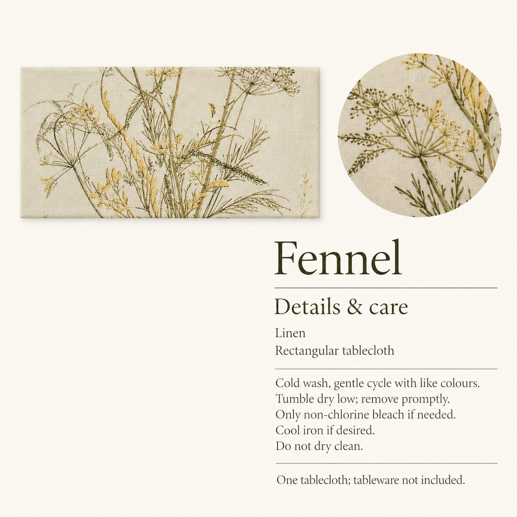 Fennel — 70 × 150 Linen Tablecloth; details and care.