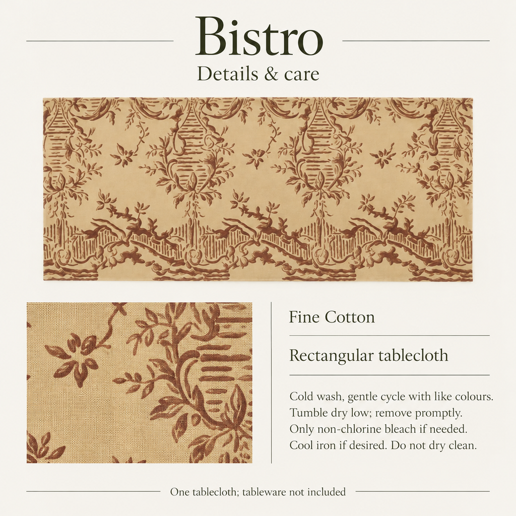 Bistro — 52 × 108 Fine Cotton Tablecloth; details and care.