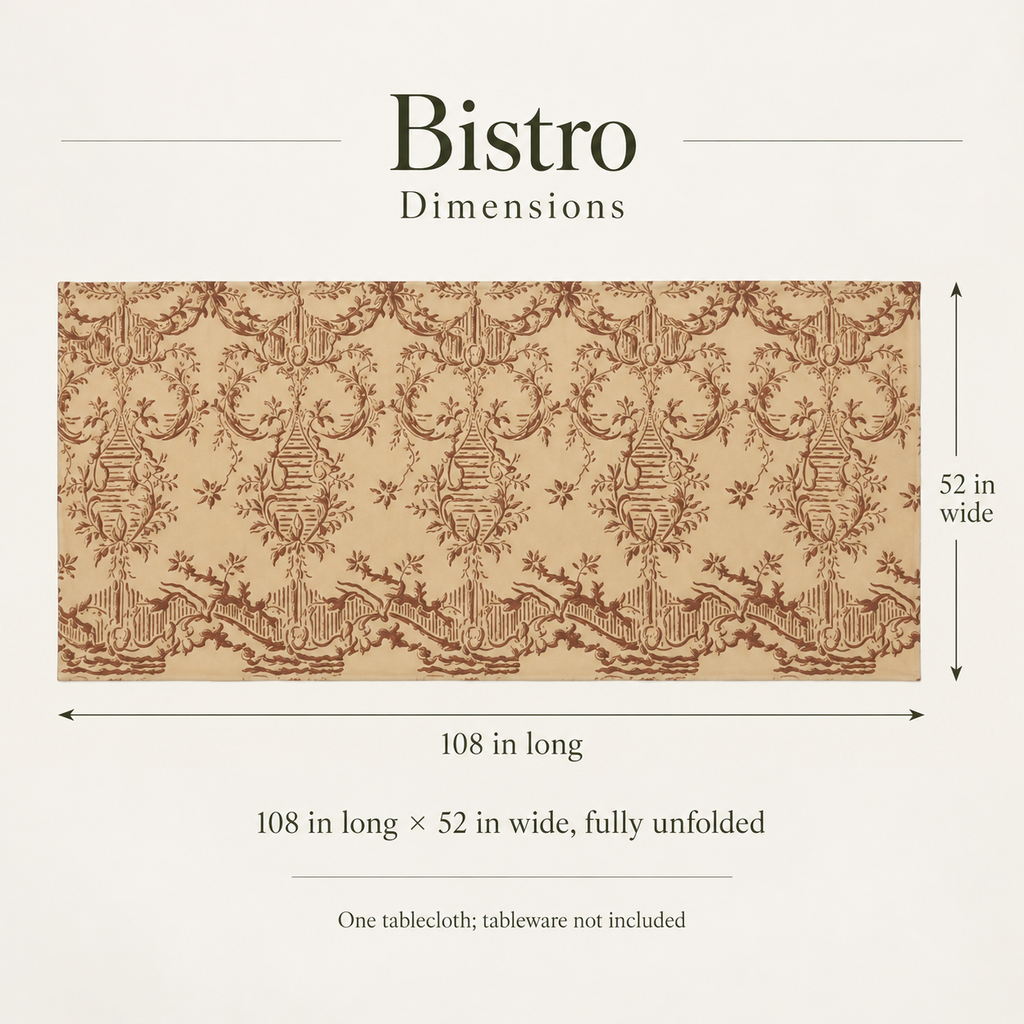 Bistro — 52 × 108 Fine Cotton Tablecloth; dimensions and inclusions.