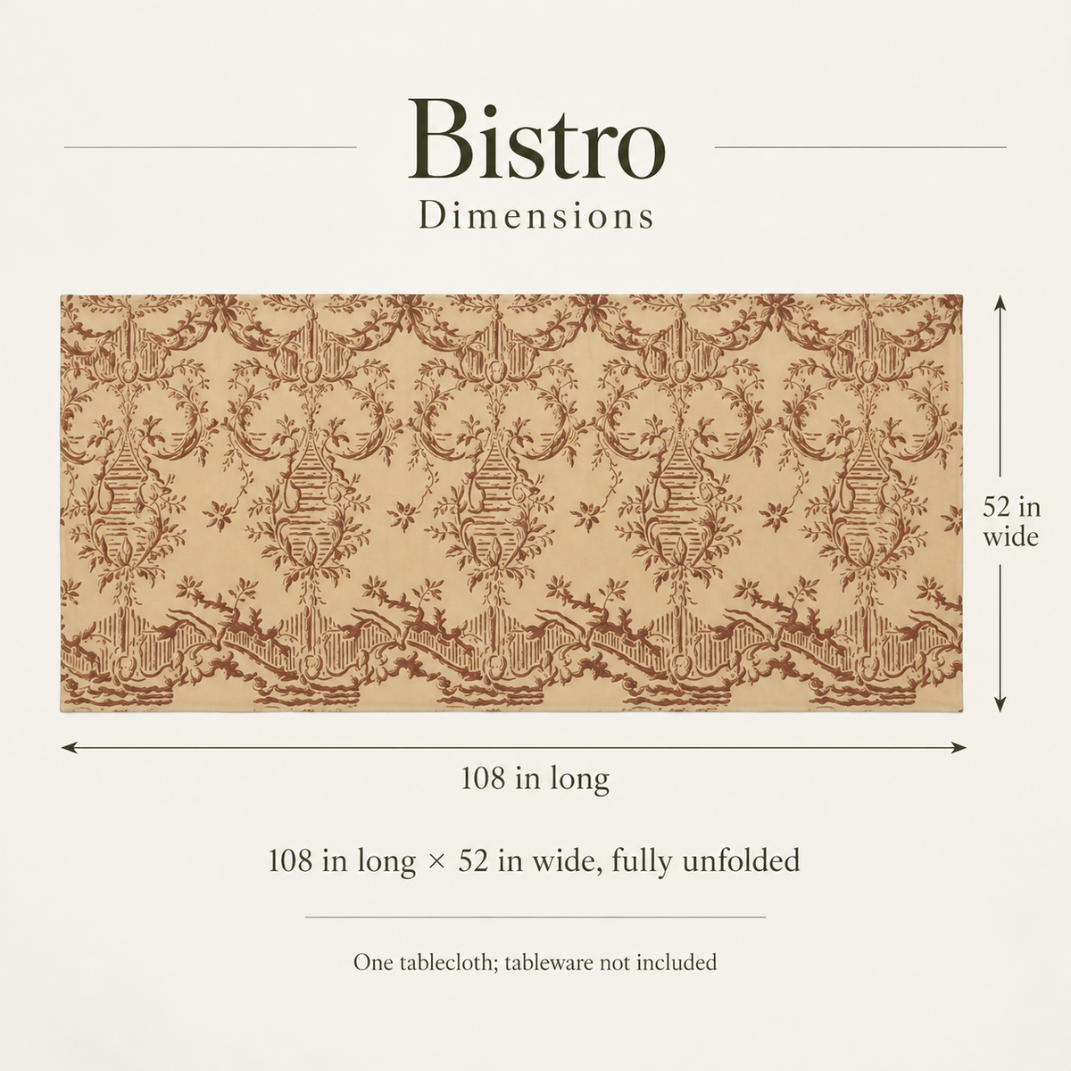 Bistro — 52 × 108 Fine Cotton Tablecloth; dimensions and inclusions.