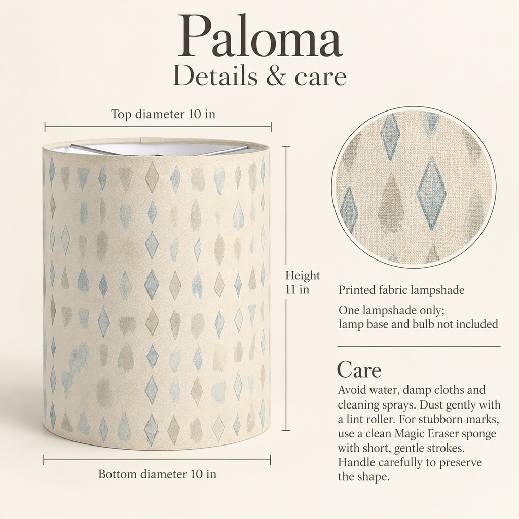 Paloma Geometric Tall Drum Lampshade — 10 in Diameter × 11 in High, Blue & Ivory; details and care.