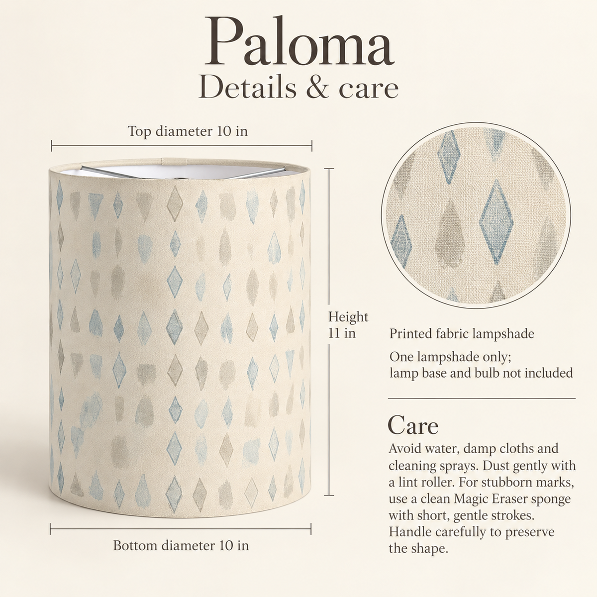 Paloma Geometric Tall Drum Lampshade — 10 in Diameter × 11 in High, Blue & Ivory; details and care.