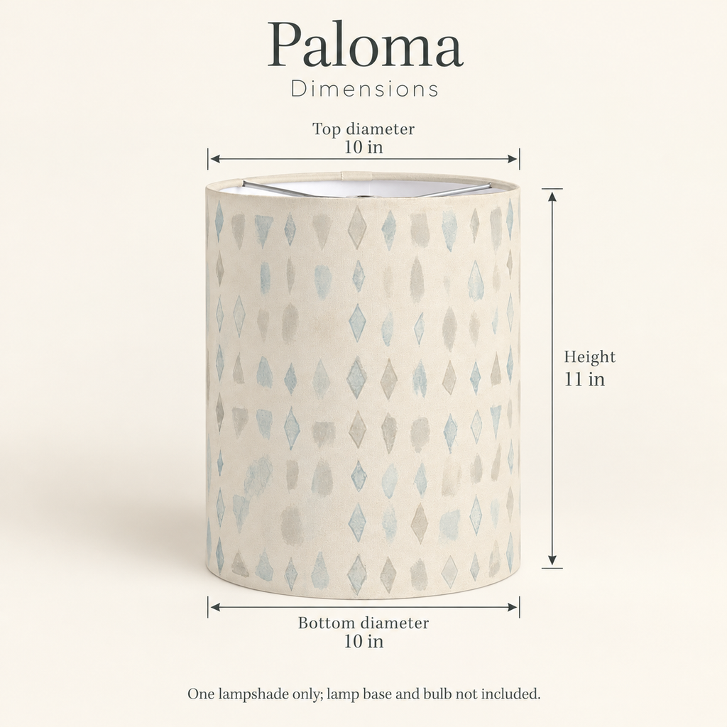 Paloma Geometric Tall Drum Lampshade — 10 in Diameter × 11 in High, Blue & Ivory; dimensions and inclusions.