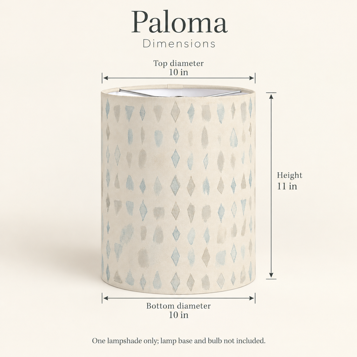 Paloma Geometric Tall Drum Lampshade — 10 in Diameter × 11 in High, Blue & Ivory; dimensions and inclusions.