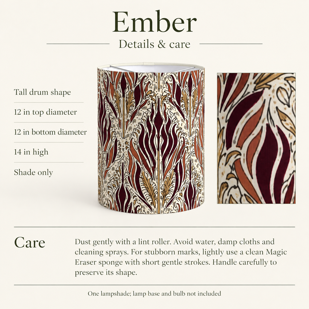 Ember Flame Botanical Tall Drum Lampshade — 12 in Diameter × 14 in High, Burgundy & Antique Gold; details and care.