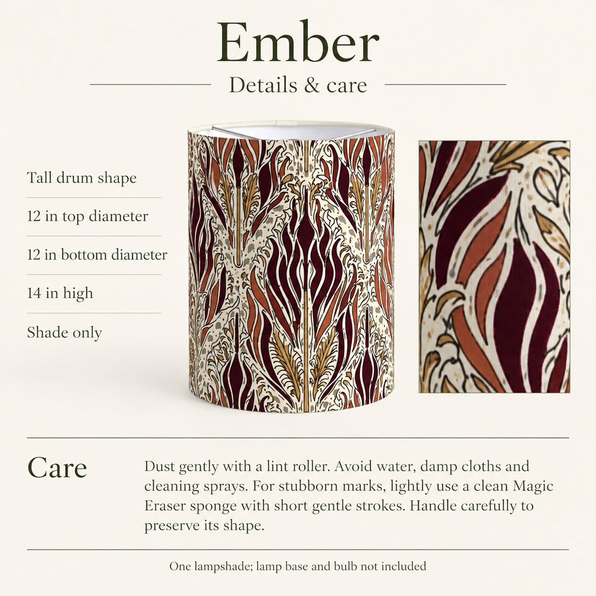 Ember Flame Botanical Tall Drum Lampshade — 12 in Diameter × 14 in High, Burgundy & Antique Gold; details and care.