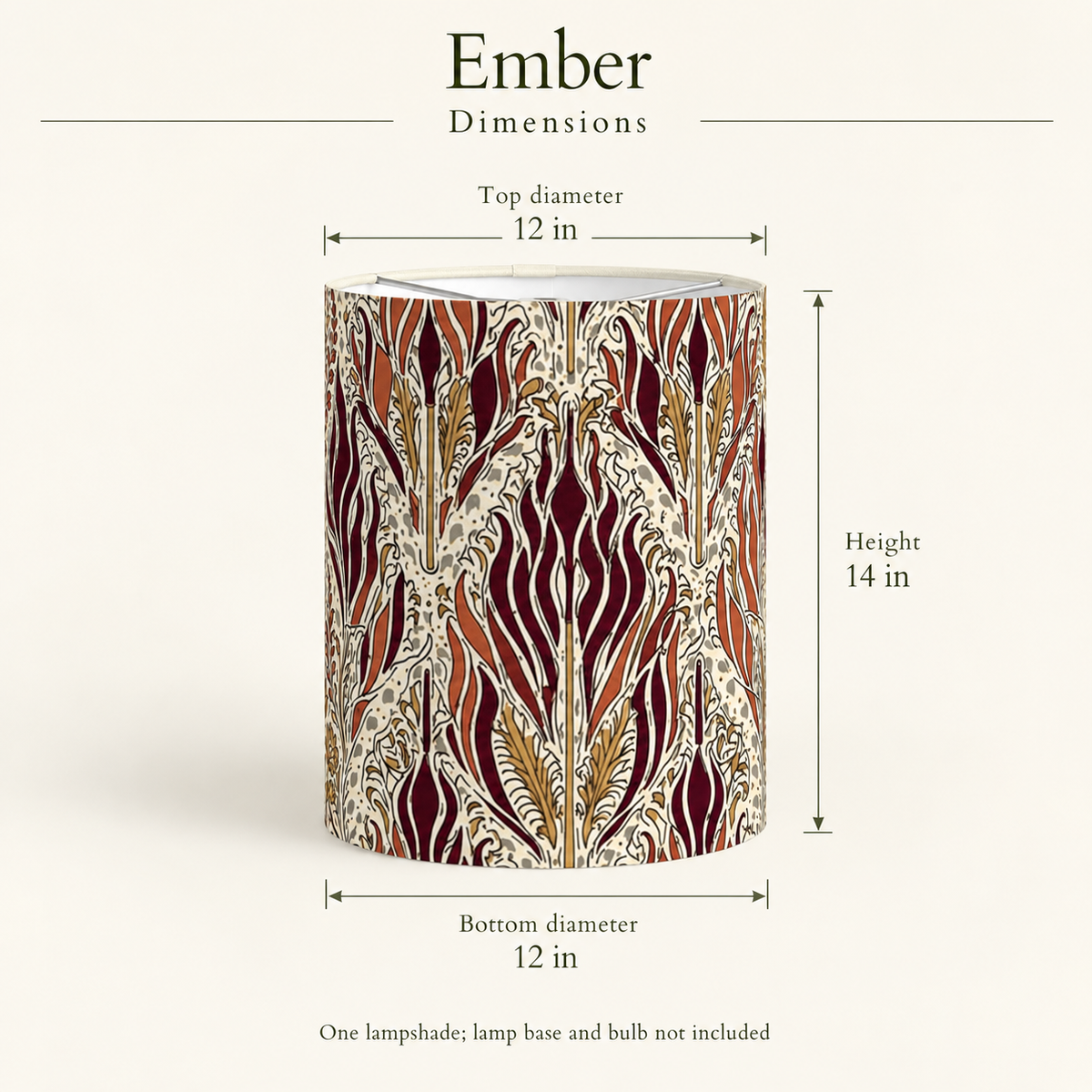 Ember Flame Botanical Tall Drum Lampshade — 12 in Diameter × 14 in High, Burgundy & Antique Gold; dimensions and inclusions.