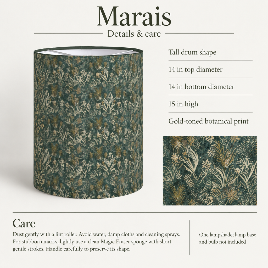 Marais Botanical Tall Drum Lampshade — 14 in Diameter × 15 in High, Moss & Gold; details and care.