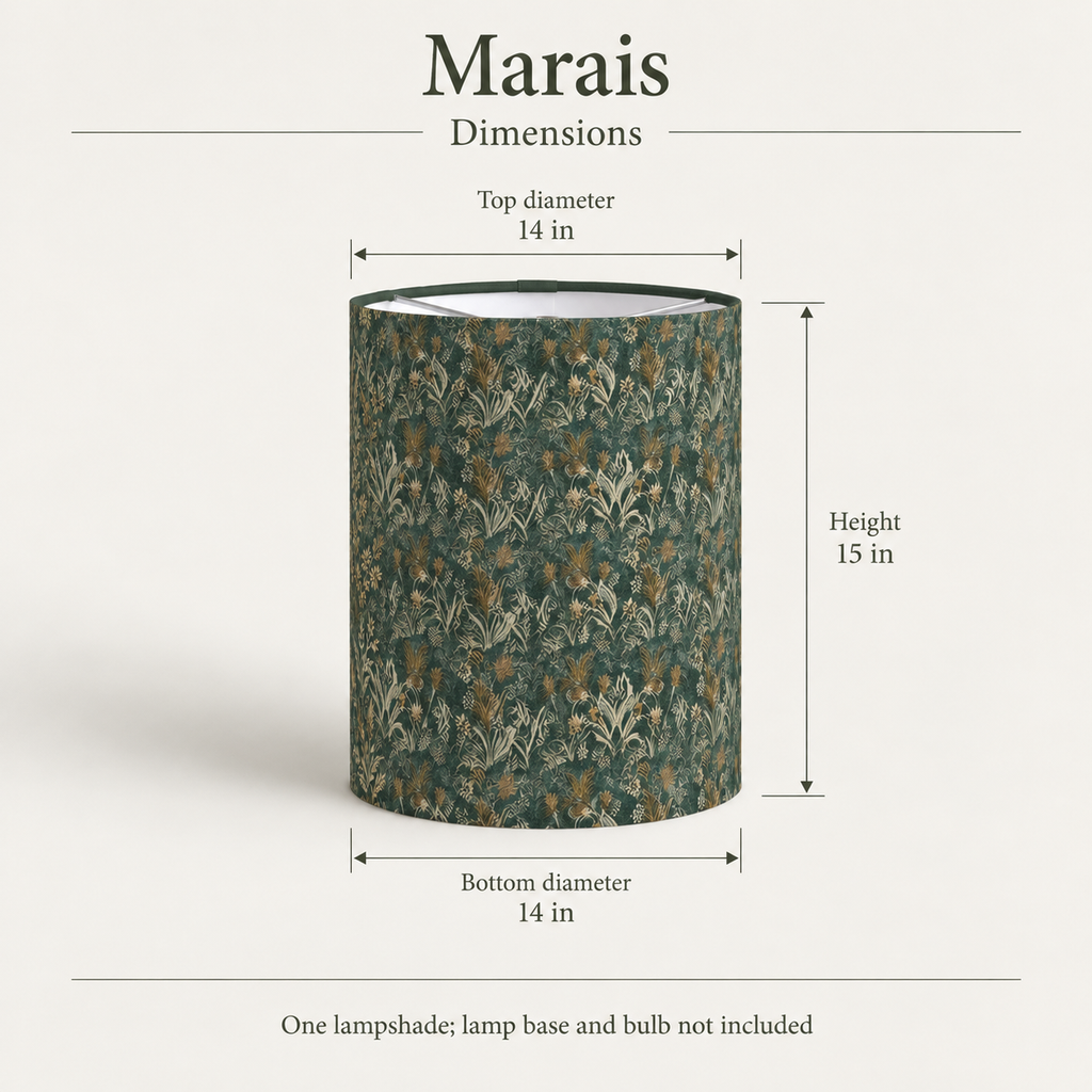 Marais Botanical Tall Drum Lampshade — 14 in Diameter × 15 in High, Moss & Gold; dimensions and inclusions.