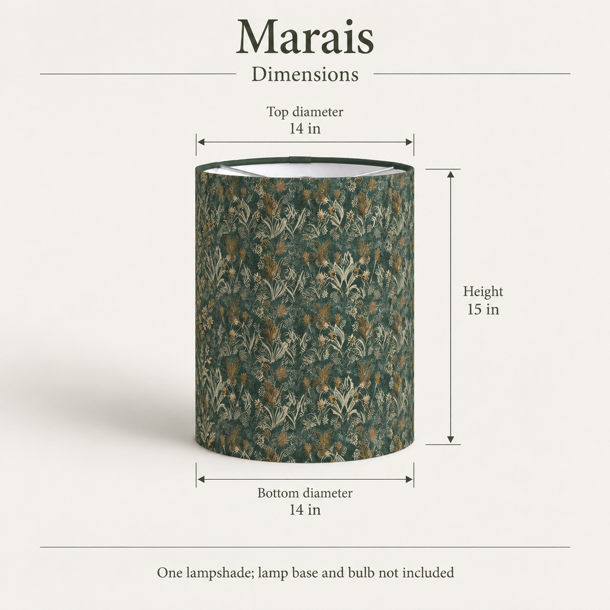 Marais Botanical Tall Drum Lampshade — 14 in Diameter × 15 in High, Moss & Gold; dimensions and inclusions.