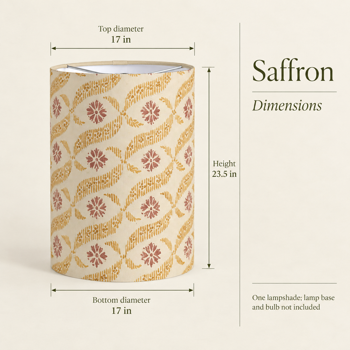 Saffron — 17 × 23.5 Tall Drum Lampshade; dimensions and inclusions.