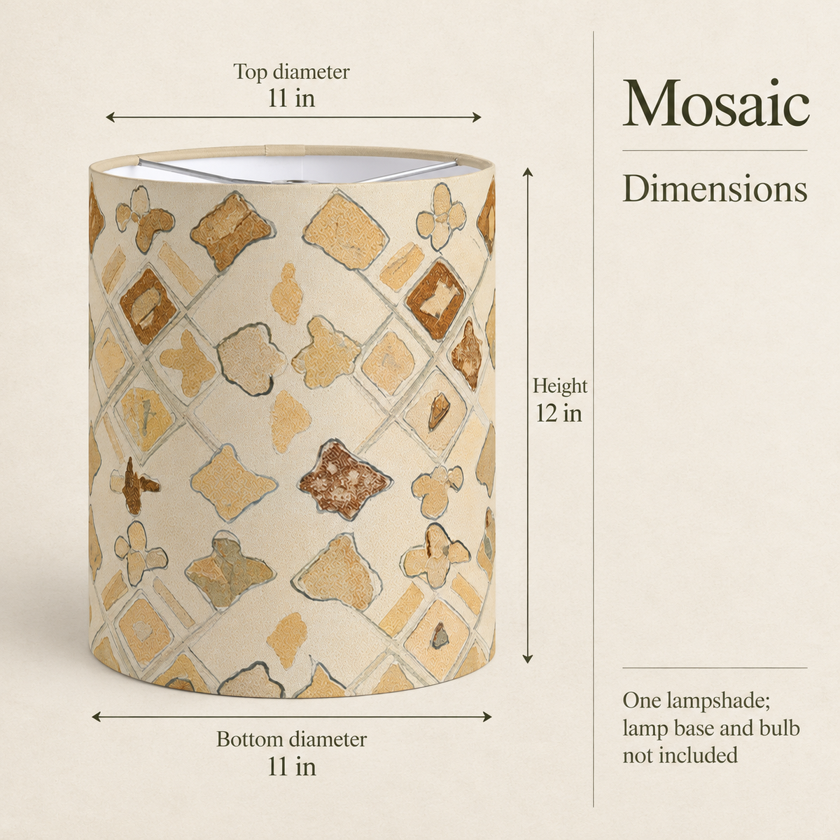 Mosaic — 11 × 12 Tall Drum Lampshade; dimensions and inclusions.