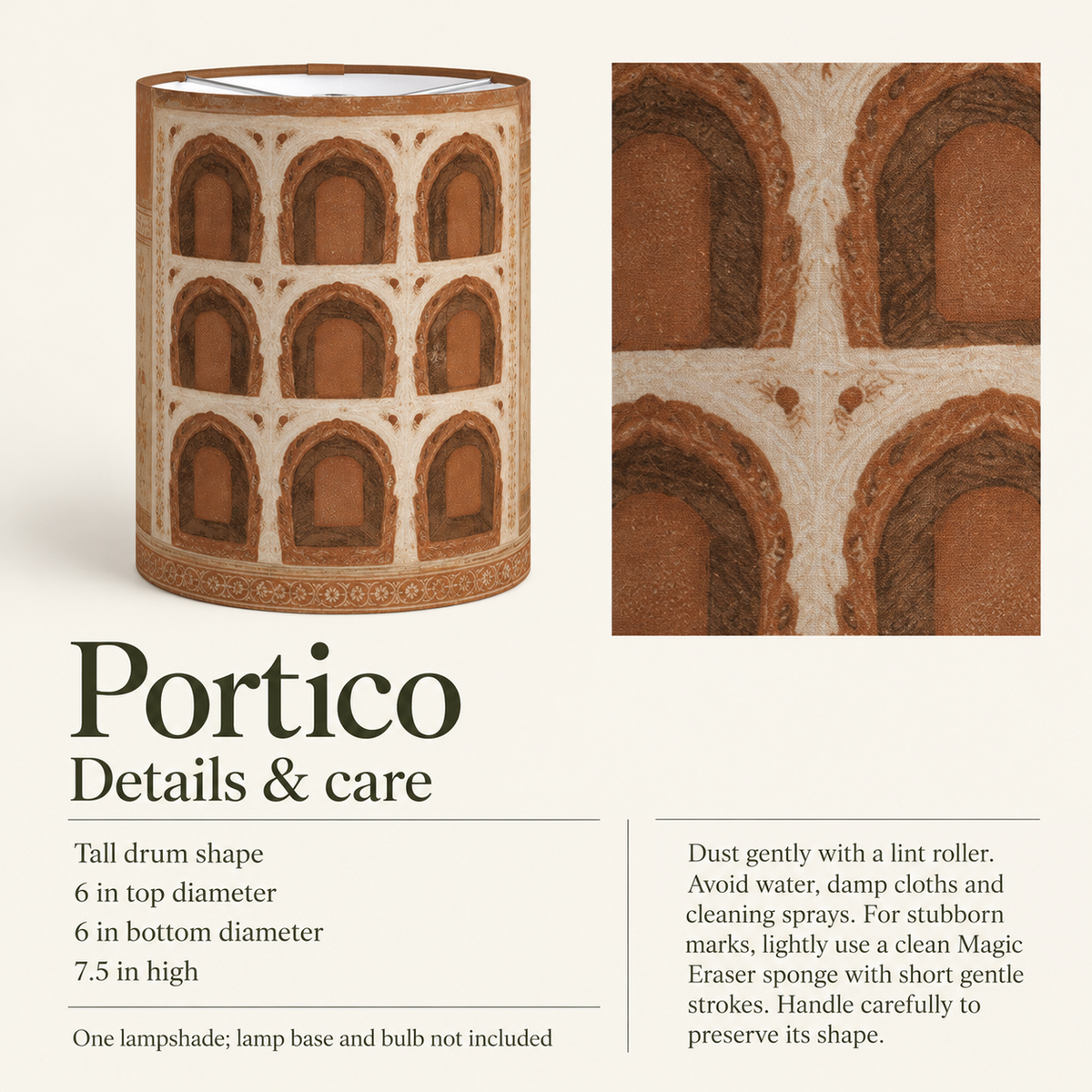 Portico — 6 × 7.5 Tall Drum Lampshade; details and care.