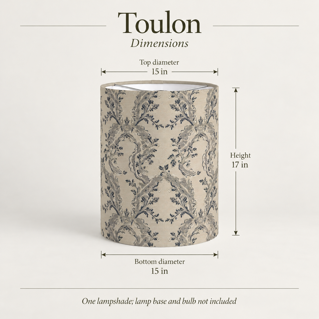 Toulon — 15 × 17 Tall Drum Lampshade; dimensions and inclusions.