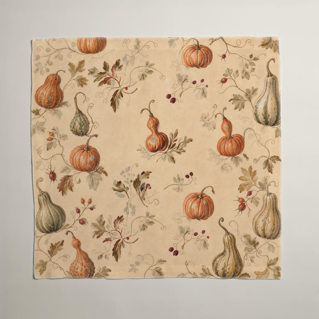Citrouille Pumpkin Botanical Linen Dinner Napkins — Terracotta & Parchment, Set of 4; full product view. Set of four napkins.
