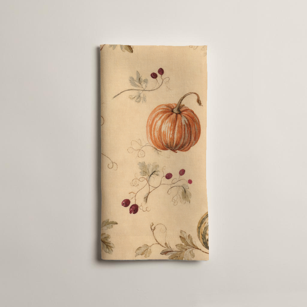 Citrouille Pumpkin Botanical Linen Dinner Napkins — Terracotta & Parchment, Set of 4; alternate product view 3. Set of four napkins.