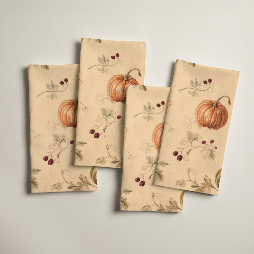 Citrouille Pumpkin Botanical Linen Dinner Napkins — Terracotta & Parchment, Set of 4; alternate product view 4. Set of four napkins.