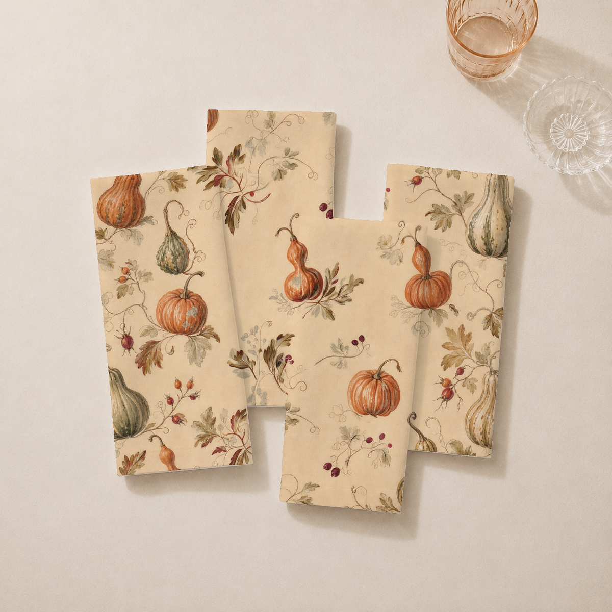 Citrouille Pumpkin Botanical Linen Dinner Napkins — Terracotta & Parchment, Set of 4; styled product view. Set of four napkins.