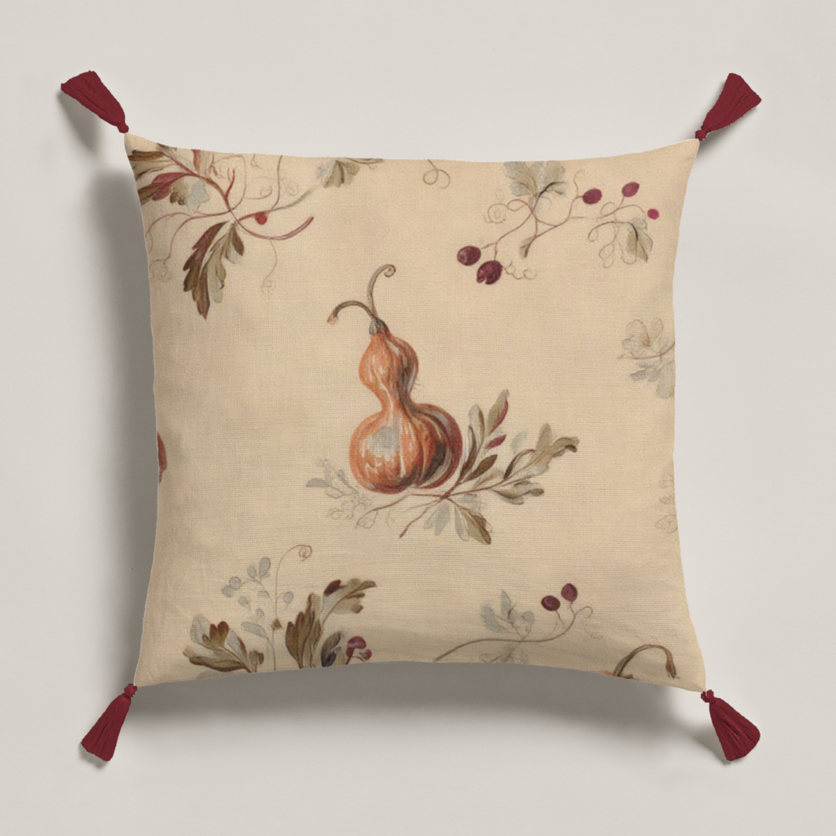 Citrouille Pumpkin Botanical Soft Linen Tassel Pillow Cover — Terracotta & Parchment; full product view, cover only.
