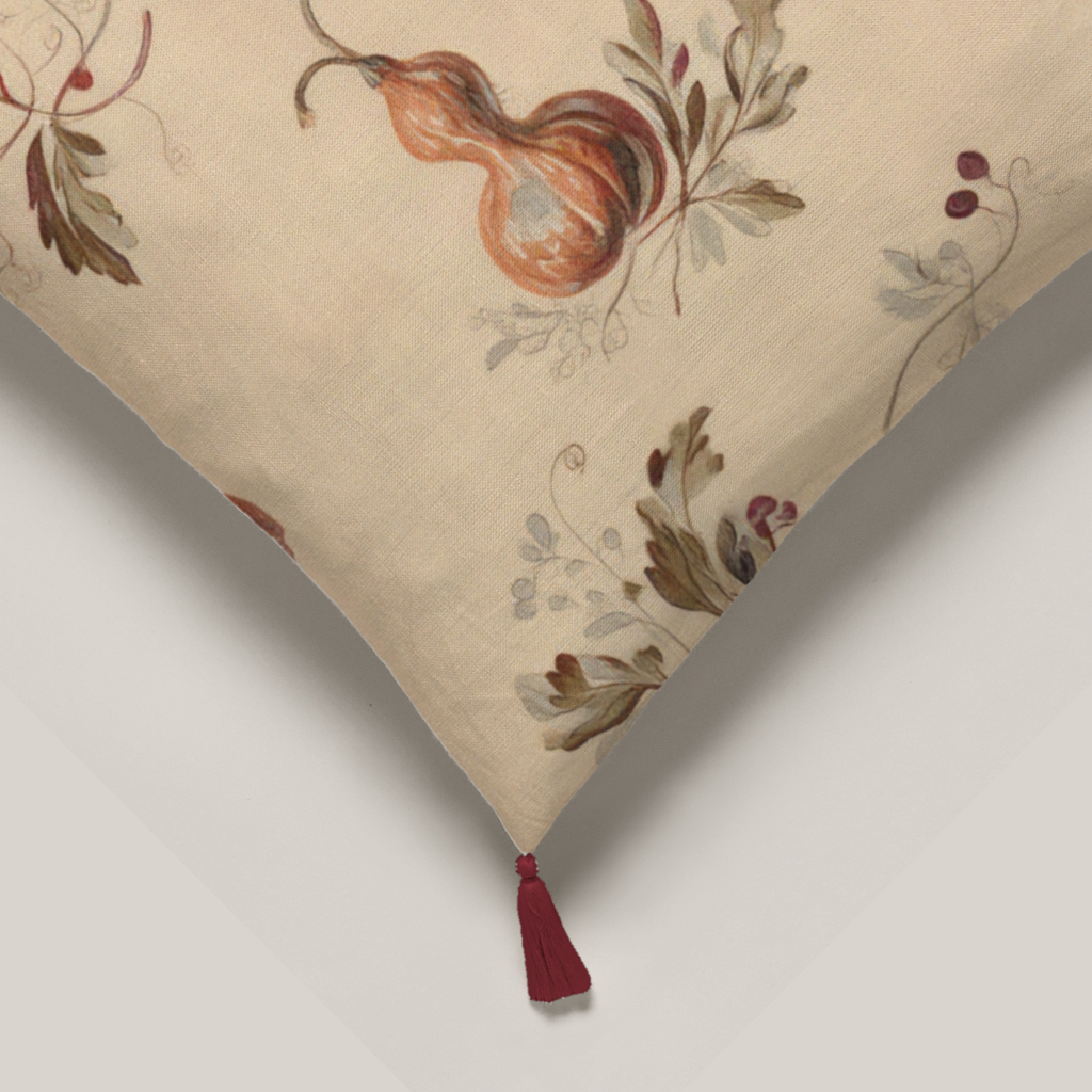 Citrouille Pumpkin Botanical Soft Linen Tassel Pillow Cover — Terracotta & Parchment; print and finishing detail.