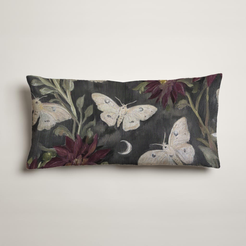 Lune Noire Moth Botanical Long Velvet Lumbar Pillow Cover — Charcoal & Burgundy; full product view, cover only.