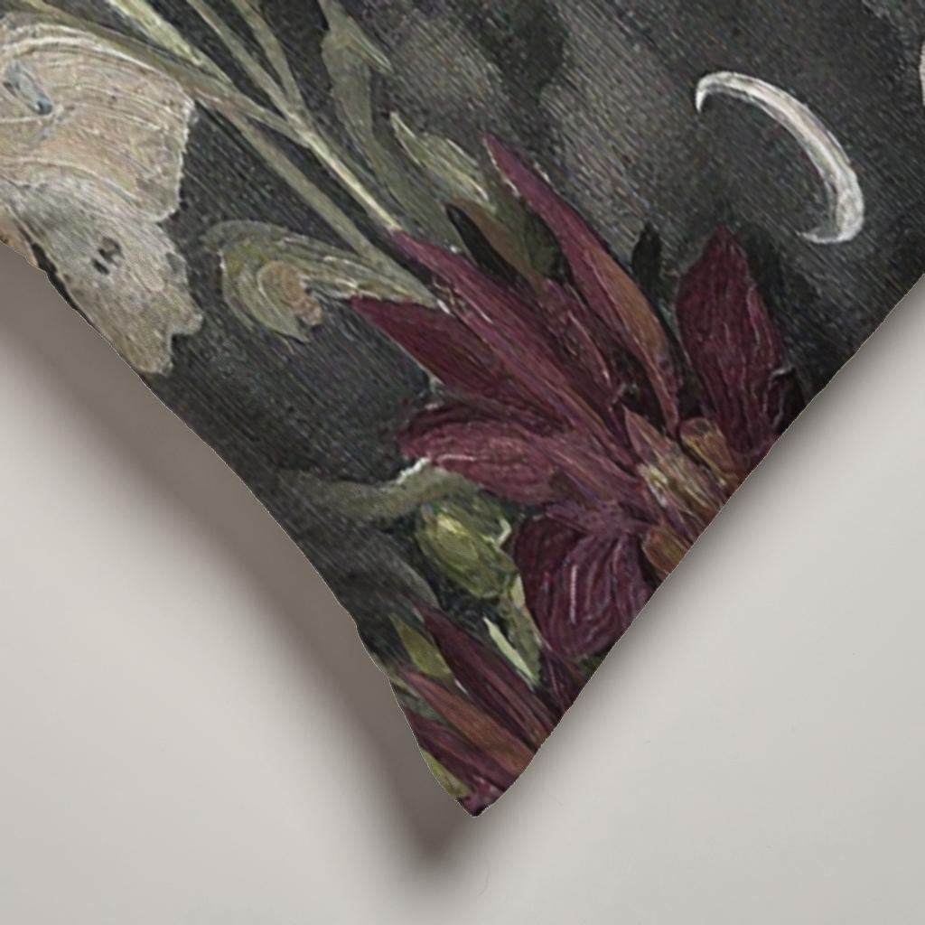 Lune Noire Moth Botanical Long Velvet Lumbar Pillow Cover — Charcoal & Burgundy; print and finishing detail.