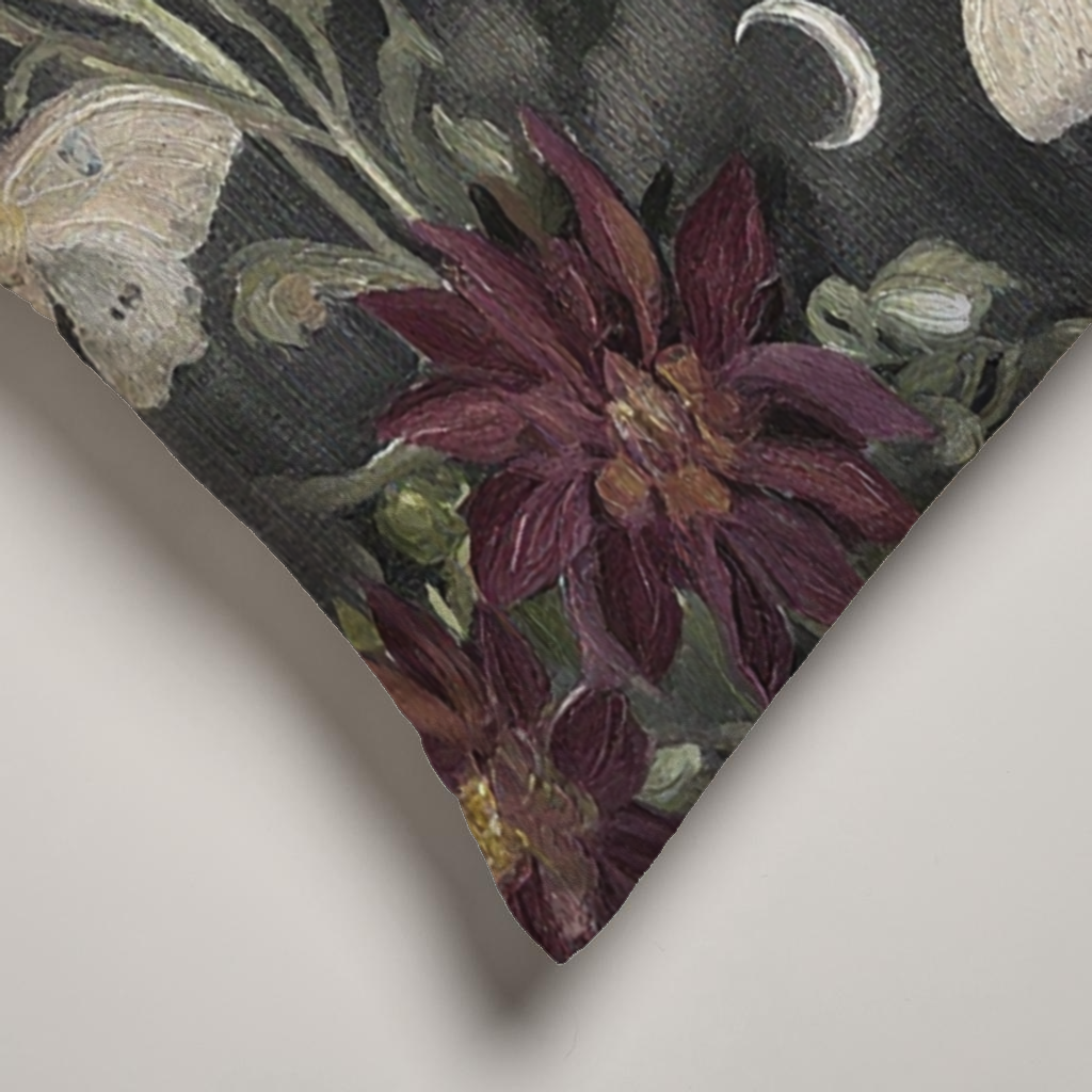 Lune Noire Moth Botanical Velvet Lumbar Pillow Cover — Charcoal & Burgundy; alternate product view 2. Pillow cover only; insert not included.