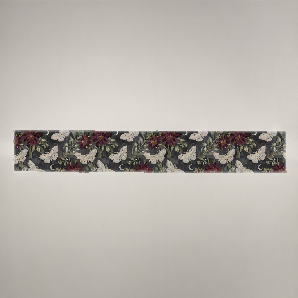 Lune Noire Moth Botanical Linen Table Runner — Charcoal & Burgundy; full product view. One table runner.