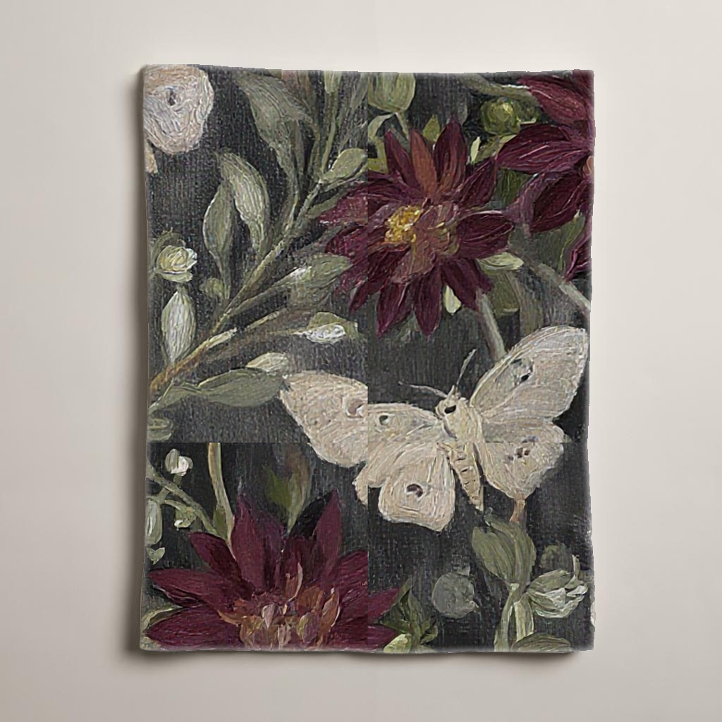 Lune Noire Moth Botanical Linen Table Runner — Charcoal & Burgundy; alternate product view 2. One table runner.