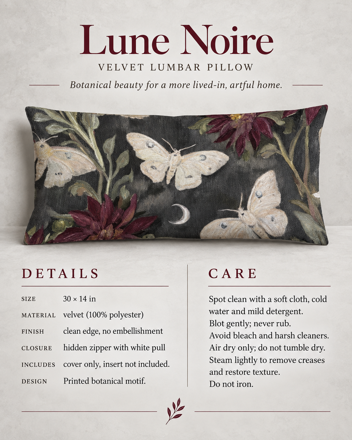 Lune Noire Moth Botanical Long Velvet Lumbar Pillow Cover — Charcoal & Burgundy; details care guide.