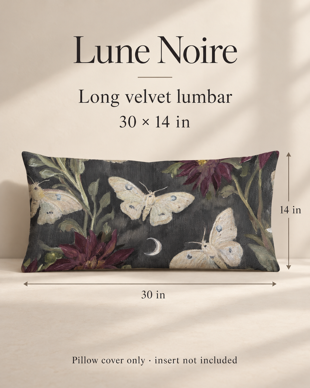 Lune Noire Moth Botanical Long Velvet Lumbar Pillow Cover — Charcoal & Burgundy; dimensions guide.
