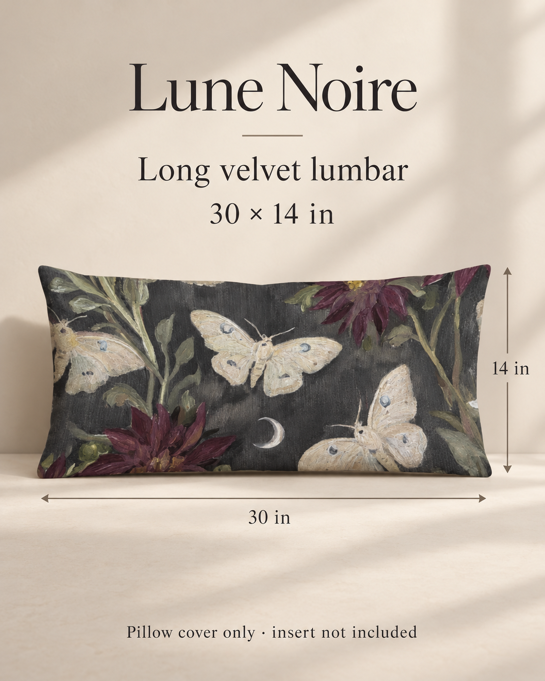 Lune Noire Moth Botanical Long Velvet Lumbar Pillow Cover — Charcoal & Burgundy; dimensions guide.
