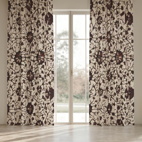 Aster Floral Everyday Cotton Curtain Panel — Aubergine & Oat; digital product preview