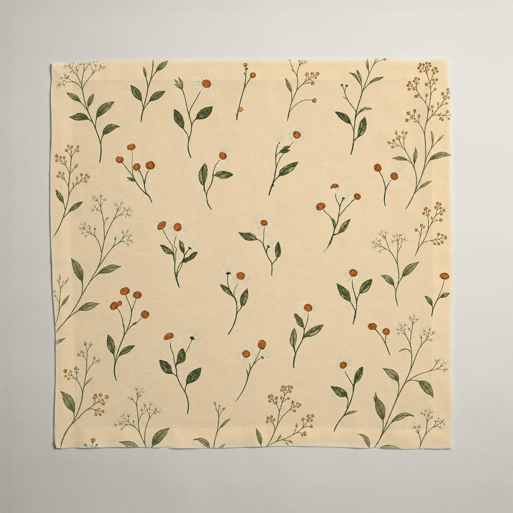 Aurelia linen dinner napkin, unfolded to show the botanical print.