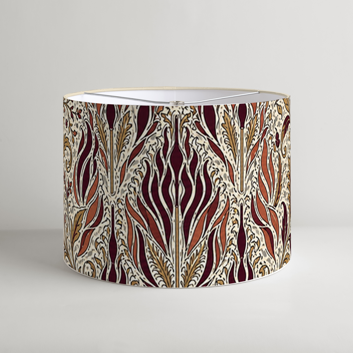 Ember burgundy and antique gold printed drum lampshade, digital design preview; shade only.