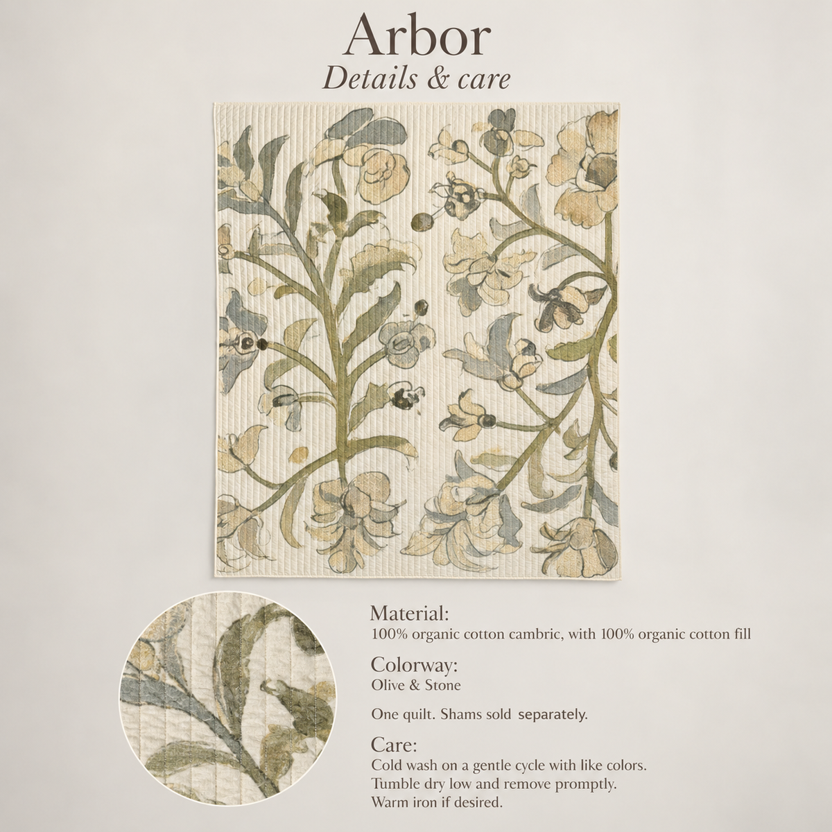 Arbor Botanical Organic Cotton Quilt — Olive & Stone; verified details and care guide.