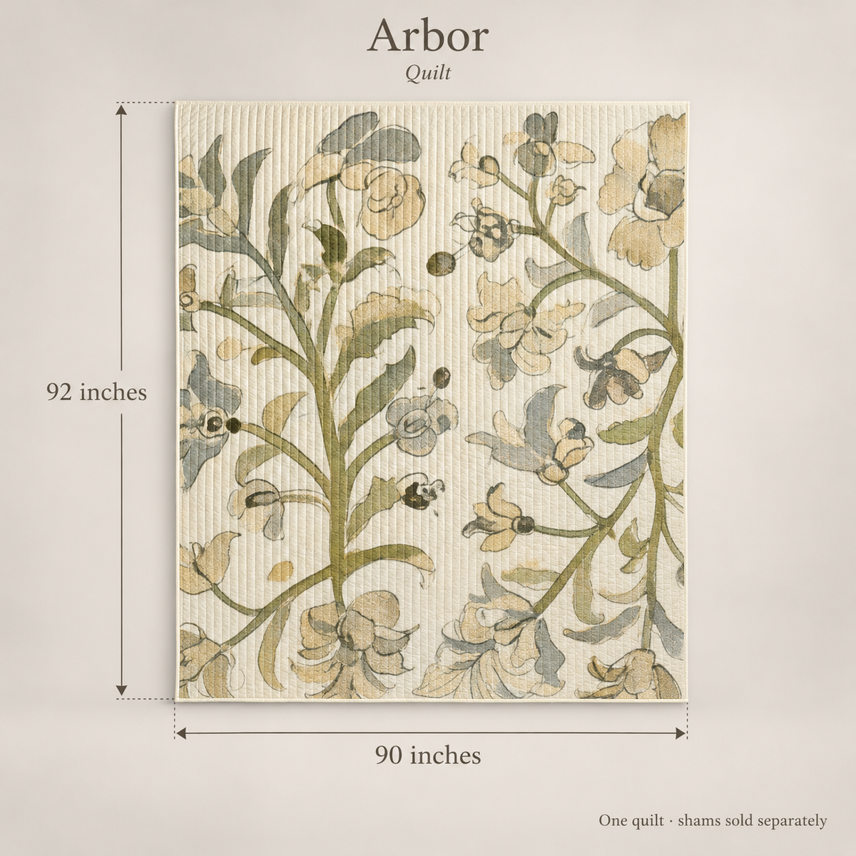 Arbor Botanical Organic Cotton Quilt — Olive & Stone; dimension diagram and inclusions.