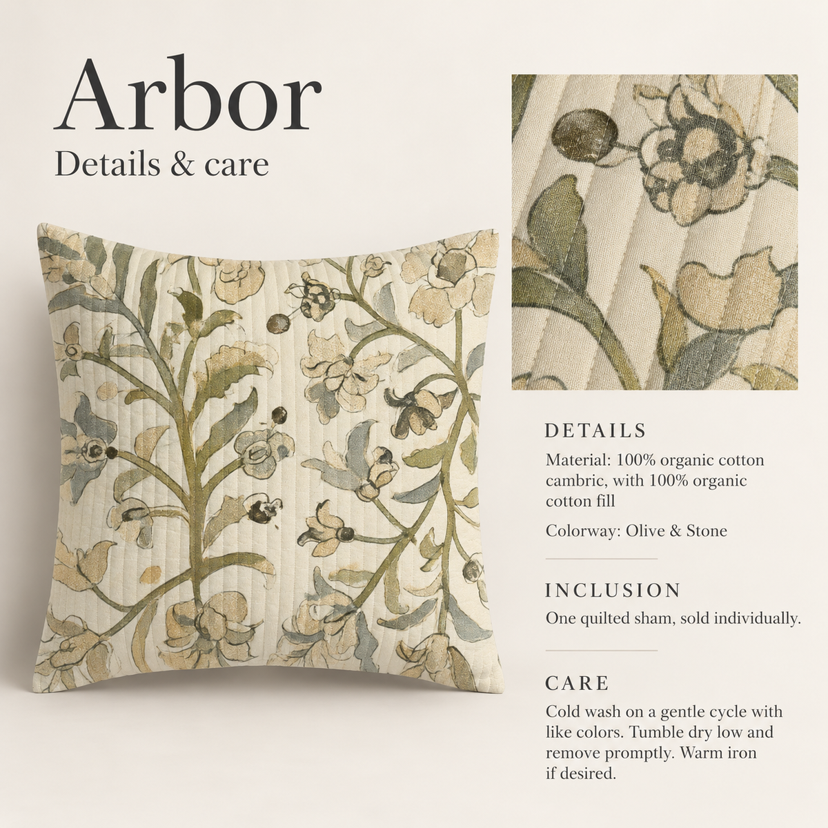 Arbor Botanical Organic Cotton Euro Sham — Olive & Stone; verified details and care guide.