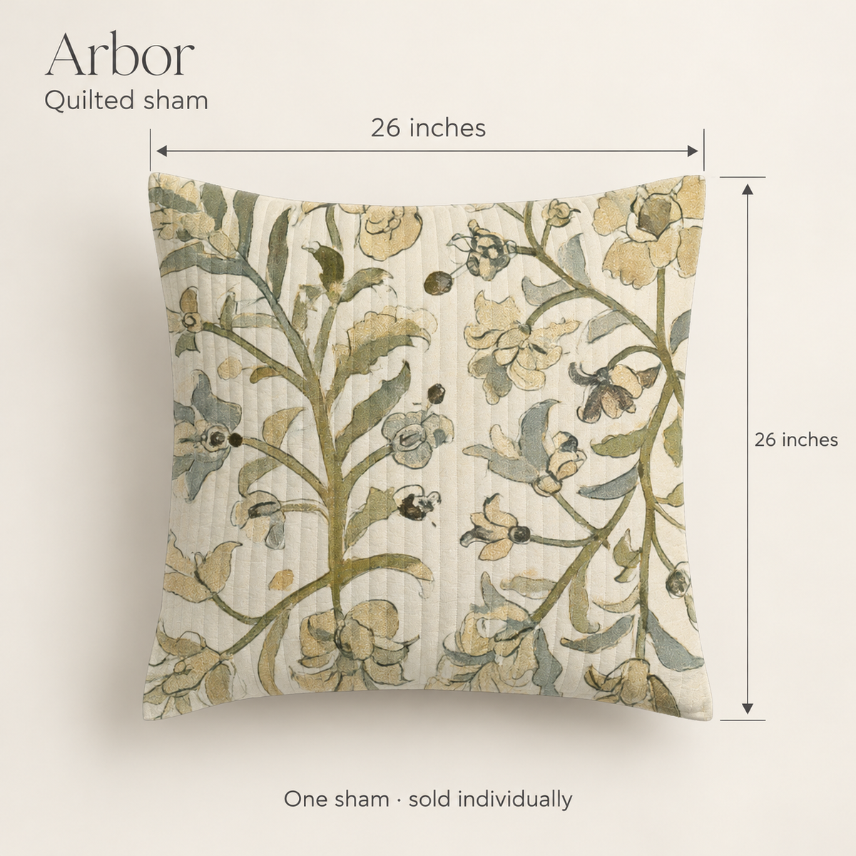 Arbor Botanical Organic Cotton Euro Sham — Olive & Stone; dimension diagram and inclusions.