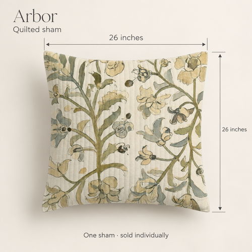 Arbor Botanical Organic Cotton Euro Sham — Olive & Stone; dimension diagram and inclusions.