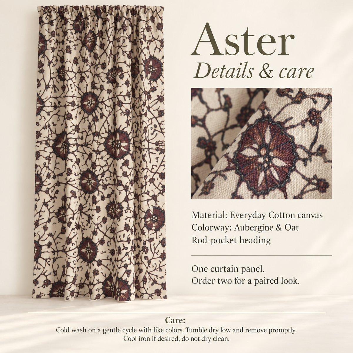 Aster Floral Everyday Cotton Curtain Panel — Aubergine & Oat; verified details and care guide.