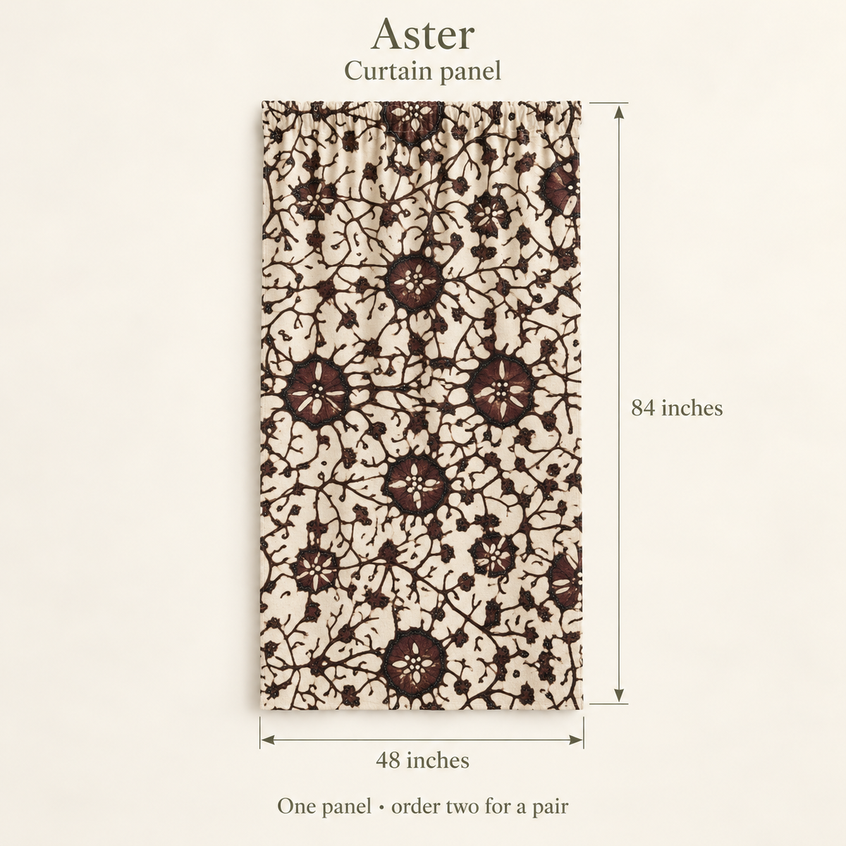 Aster Floral Everyday Cotton Curtain Panel — Aubergine & Oat; dimension diagram and inclusions.
