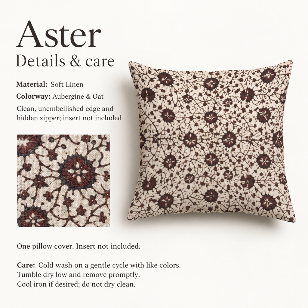 Aster Floral Soft Linen Pillow Cover — Aubergine & Oat; verified details and care guide.