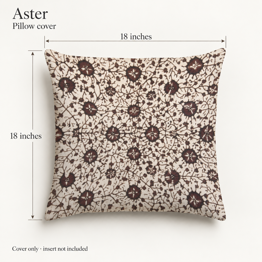 Aster Floral Soft Linen Pillow Cover — Aubergine & Oat; dimension diagram and inclusions.