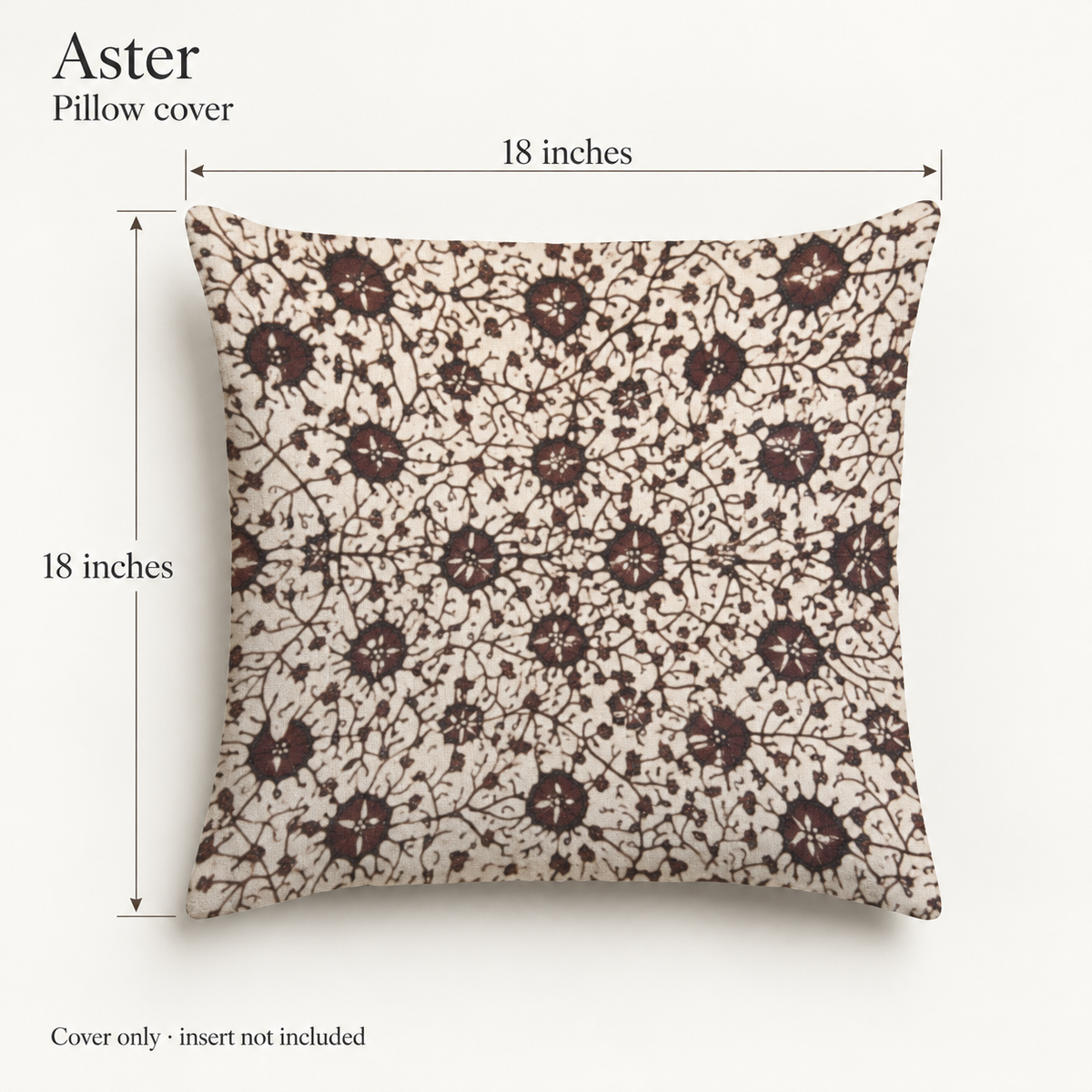 Aster Floral Soft Linen Pillow Cover — Aubergine & Oat; dimension diagram and inclusions.